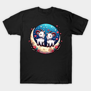 Valentine Goats Lovers Couple on Moon T-Shirt